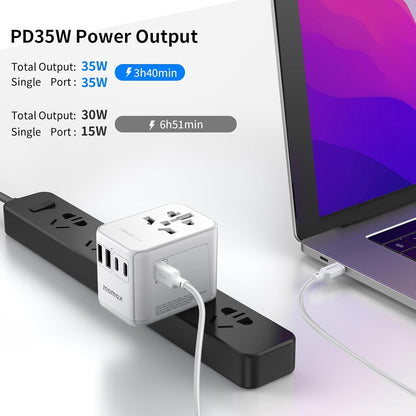 MOMAX European Travel Plug Adapter, 35W PD Fast Charging, Universal Travel Adapter with 3 USB-C and 2 USB-A Ports, International Power Adapter for Most Europe, USA, Japan, Australia (Type C/A/G/I)