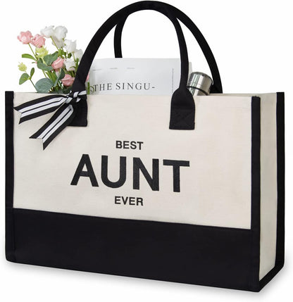 TOPDesign Embroidery Canvas Tote Bag for Women, Aunt Gifts from Niece Nephew, Best Aunt Ever Gifts for Auntie Birthday, Mothers Day, Christmas, Personalized Present Bag for Beach, Holiday
