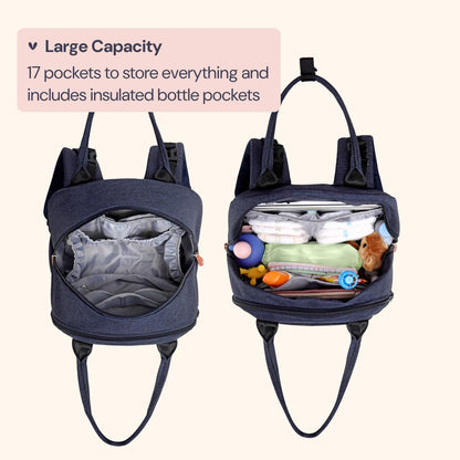 BabbleRoo Diaper Bag Backpack - Baby Essentials Travel Tote - Multi Function Water Resistant Diaper Bag, Travel Essentials Baby Bag with Changing Pad, Stroller Straps & Pacifier Case - Navy Blue
