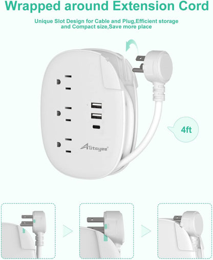 Alitayee USB C Travel Power Strip,Portable Power Strip with 3 Outlets 3 USB Ports Fast Charge, USB Extension Cord with Flat Plug and 4ft Wrapped Around Extension Cord for Cruise Travel Home Office