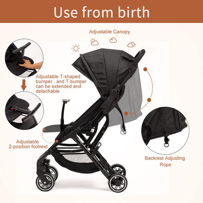 COOL KIDS Portable Stroller with Automatic Fold，Lightweight Umbrella Stroller with Pop Out Sun Canopy，Compact Strollers for Travel(Black)