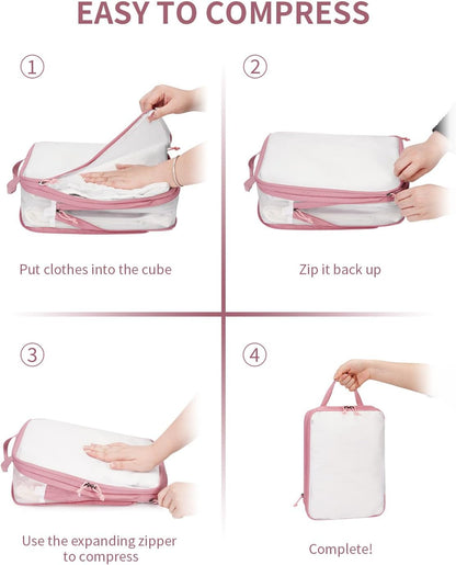 ECOHUB 6 Set Compression Packing Cubes, Gifts for Women Mom, Lightweight Vacation Travel Essentials Accessories for Suitcase Luggage Organizer Bags Set with YKK Zippers Shoe Bag, Pink