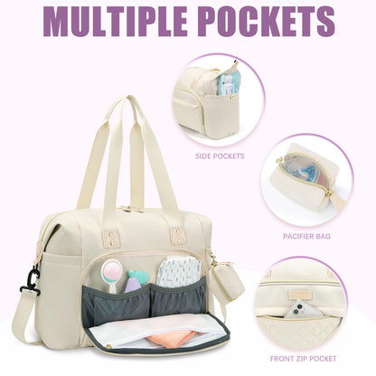 Tuwubi Diaper Bag Tote,Baby Diaper Bag with Pacifier Case Large Travel Diaper Tote Caddy for Mom and Dad Multifunction Large Baby Bag - M-White