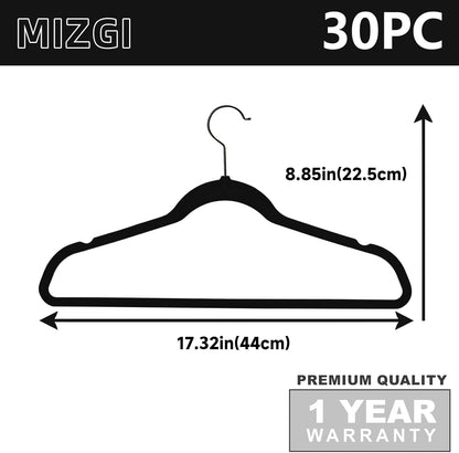 MIZGI Premium All Black Velvet Hangers with Black Hooks (30 Pack) Heavy Duty - Non Slip Felt Hangers - 360 Degree Swivel,Space Saving Clothes Hanger,Durable Strong Hanger for Suits,Coat