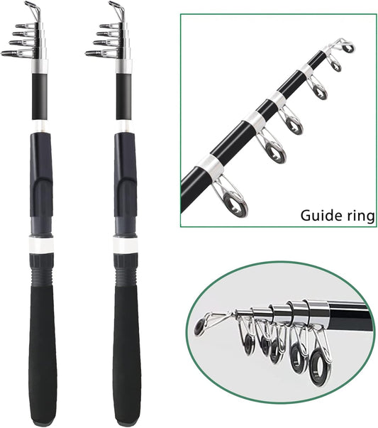 Fishing Pole Combo Set,2.1m/6.89ft 2PCS Collapsible Rods 2PCS Spinning Reels Lures Set Carrier Bag Carbon Fiber Telescopic Fishing Rods Sea Saltwater Freshwater Kit Fishing Rod Reel Combos