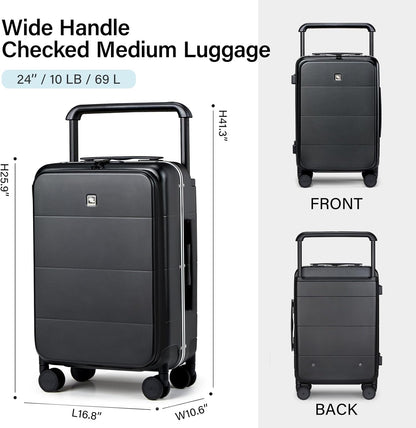 Hanke Top Opening 24 Inch Luggage with Spinner Wheels, Aluminum Frame All-PC Hard Shell Medium Suitcase, Zipperless Trunk Wide Handle Luggage, TSA Checked-Medium(Jet Black, 69L)