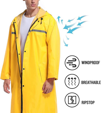 Mens Long Hooded Safety Rain Jacket Waterproof Emergency Raincoat Poncho