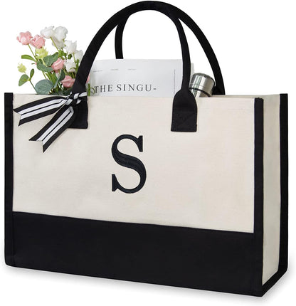 TOPDesign Embroidery Initial Canvas Tote Bag, Personalized Present Bag, Suitable for Wedding, Birthday, Beach, Holiday, is a Great Gift for Women, Mom, Teachers, Friends, Bridesmaids (Letter S)