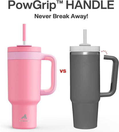POWCAN 40 oz Tumbler with Handle, 2-in-1 Straw and Sip Lid, Leakproof, Dishwasher Safe, Insulated Stainless Steel Travel Coffee Mug, Keeps Cold for 34 Hours, Fits in Car Cup Holder (Coral)