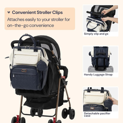 BabbleRoo Leather Diaper Bag Backpack, Multifunction Large Bags with Changing Pad & Stroller Straps Pacifier Case, Unisex Stylish Travel Back Pack Nappy for Moms Dads (Blueberry Cream)