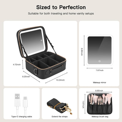 Travel Makeup Bag with LED Mirror, Cosmetic Bags for Women with Light up Mirror, Travel Essentials Makeup Organizer, Makeup Case with Adjustable Dividers and Brush Holder, 3 Color Lights