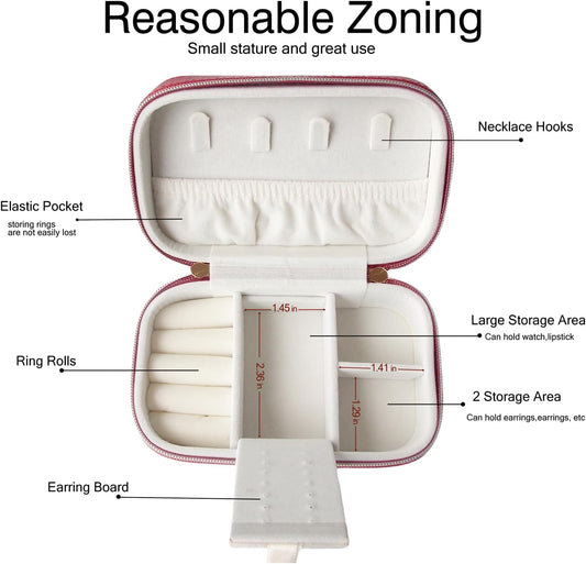 Small Jewelry Travel Case For Womens Small Rectangle PU Leather Jewelry Box With Zipper 2.56" H Portable Travel Jewelry Case For Earring Rings Necklaces Bracelets Red Jewelry Gifts Box
