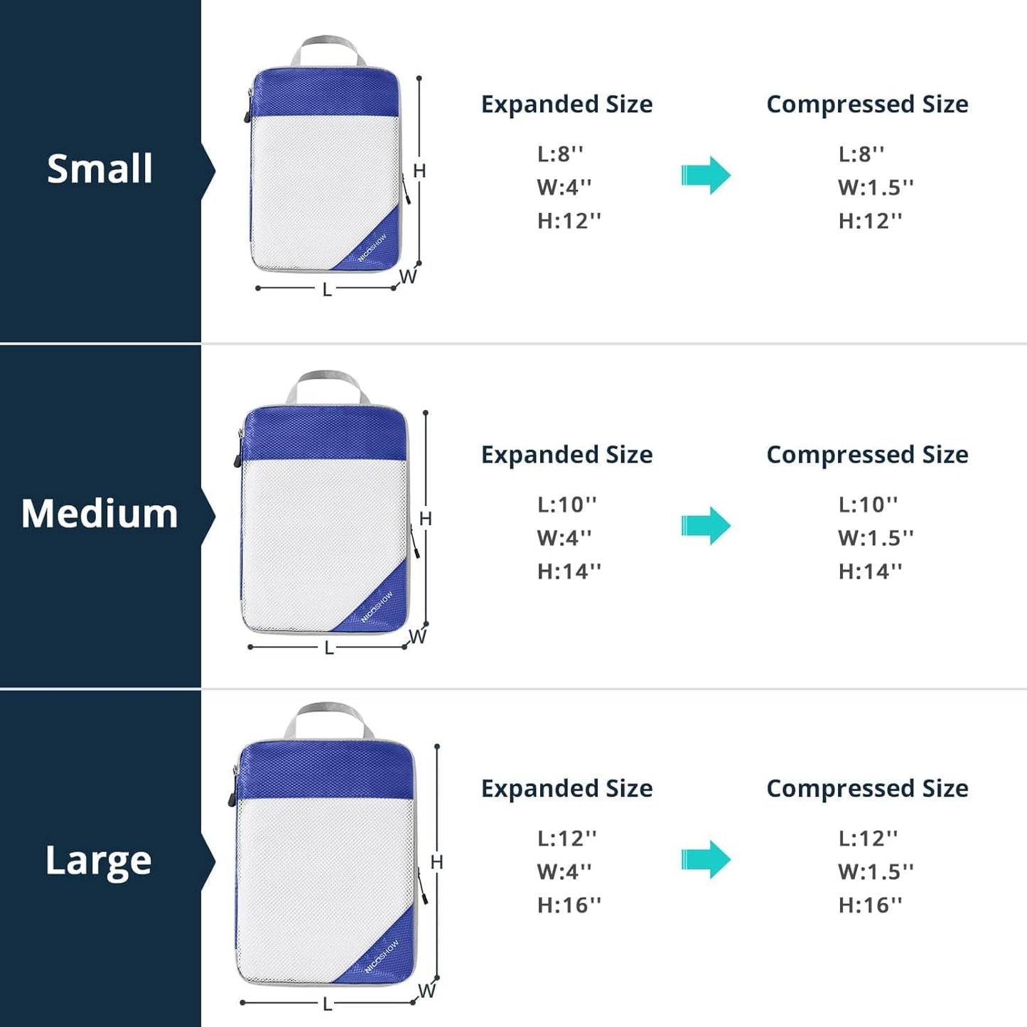 Compression Packing Cubes 3 Set, Compressible Space-Saving Packing Cubes for Travel - Compression Bags, Luggage Organizer, Travel Essentials for Women, Royal Blue
