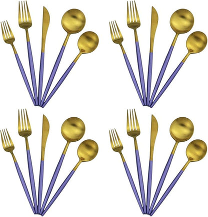 Gugrida 20-Piece 18/10 Stainless Steel Flatware Silverware, Luxury Dinnerware Set Travel Cutlery Tableware Include Knife Fork Spoon Service for 4, Dishwasher Safe (Purple Handle Matte Gold)