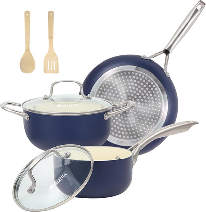 Pots and Pans Set, 7 Piece Nonstick Ceramic Cookware Set, Kitchen Induction Cookware Sets, Pots and Pans Non Stick with Oven Safe Handle, 100% PFOA Free, Blue