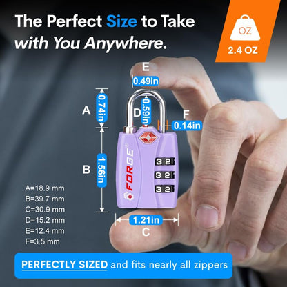 Forge Luggage Locks TSA Approved 2 Pack Purple, Small Combination Lock with Zinc Alloy Body, Open Alert, Easy Read Dials, for Travel Suitcase, Bag, Backpack, Lockers.
