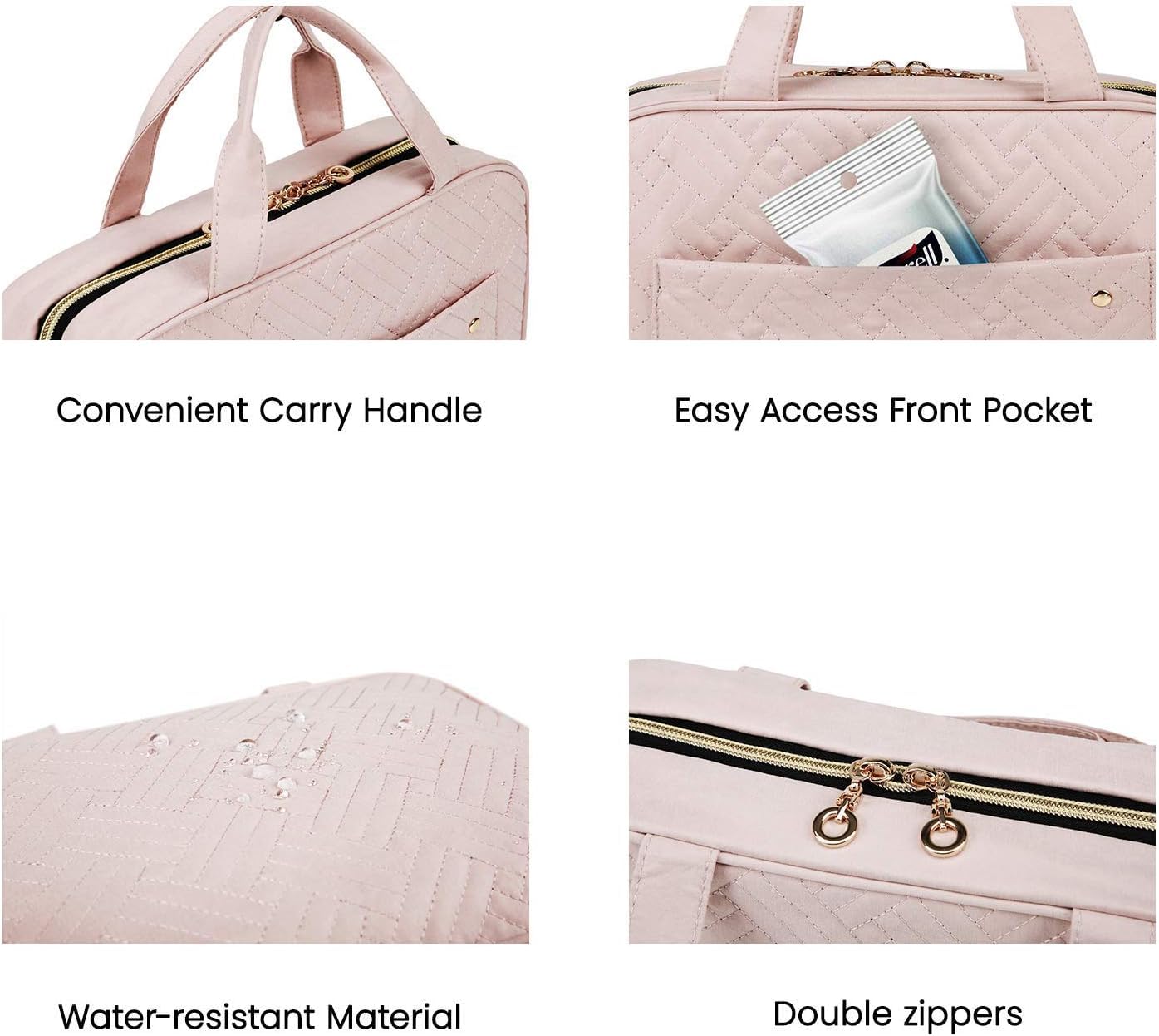 BAGSMART Toiletry Bag Travel Bag with Hanging Hook, Water-resistant Makeup Cosmetic Bag Travel Organizer for Accessories, Shampoo, Full-size Container, Toiletries (Light Pink, Medium)
