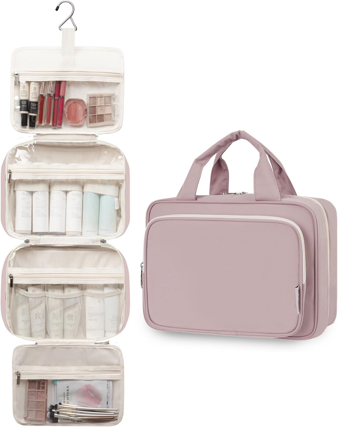 Narwey Travel Toiletry Bag for Women Large Hanging Makeup Bag Organizer Toiletries Bag for Full Size Essentials Accessories Cosmetics (Dusty Rose (Large))