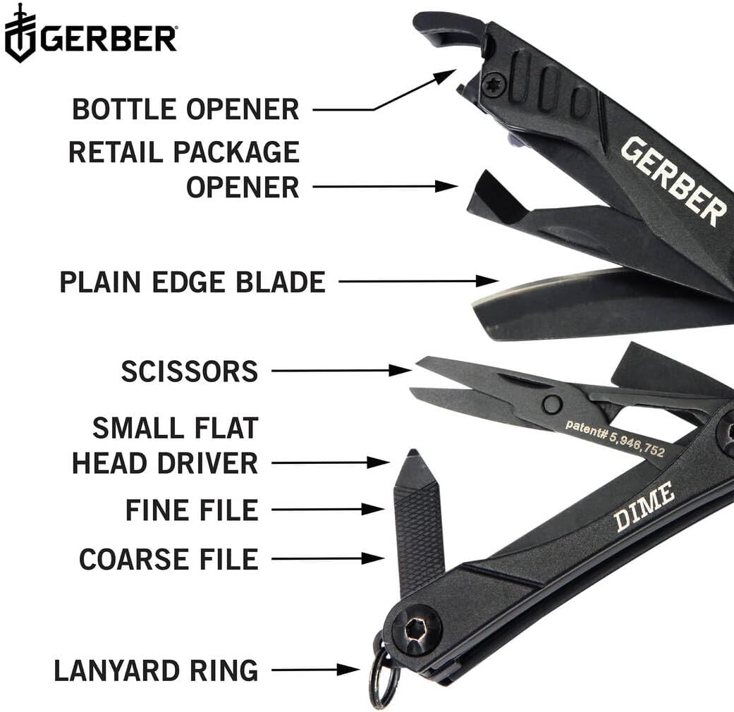 Gerber Gear Dime 12-in-1 Mini EDC Multitool - Needle Nose Pliers, Pocket Knife, Keychain, Bottle Opener - Gifts for Men, EDC Gear and Equipment - Black