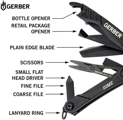 Gerber Gear Dime 12-in-1 Mini EDC Multitool - Needle Nose Pliers, Pocket Knife, Keychain, Bottle Opener - Gifts for Men, EDC Gear and Equipment - Black