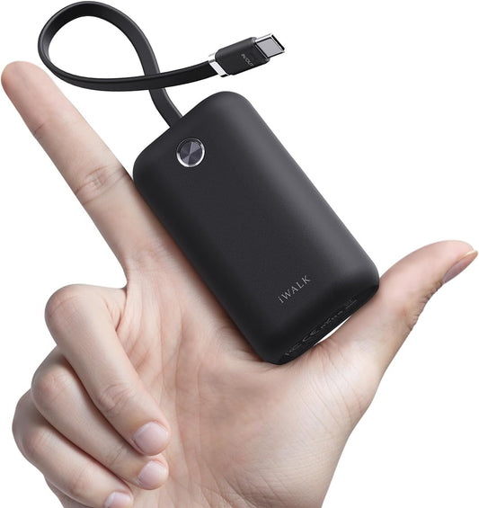 iWALK Mini Portable Charger 10,000mAh, 22.5W USB-C Fast Charging Power Bank with Built-in Cable, Travel Essential Ultra-Small Battery Pack Compatible for iPhone 16/16 Pro/15, Samsung, Google, Black