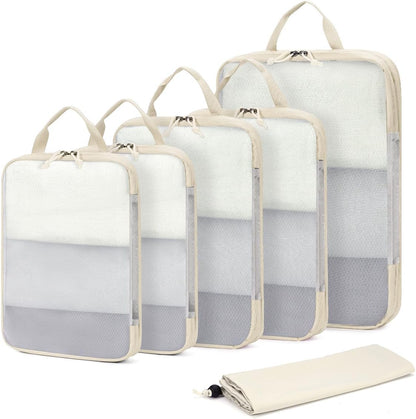 ECOHUB 6 Set Compression Packing Cubes, Lightweight Beach Vacation Travel Essentials Durable Travel Accessories for Suitcase Carry On Luggage Organizer Bags with YKK Zippers Shoe Bag, Beige