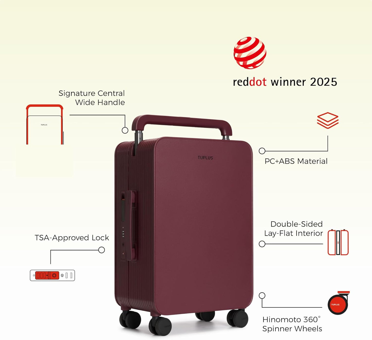 TUPLUS 20” Carry-On Hardside Luggage Lightweight ABS Travel Suitcase with Wide Handle Spinner Wheels TSA Combination Lock, Balance Series 2.0,Cranberry Red