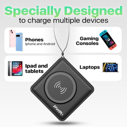 PWR Travel PRO 5-in-1 Power Bank with Case Included – 10,000mAh with Built-in Cables – 20W USB-C + 15W Wireless Charging – Compact Portable Charger for iPhone & Android- Black