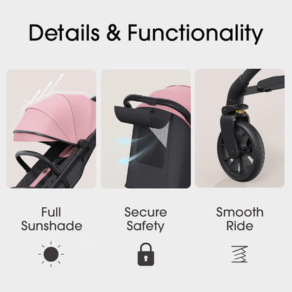 newyoo Baby Travel Stroller, Compact & Airplane-Friendly, Lightweight Infant/Toddler Stroller w Telescoping Handle, Cup Holder & Storage Pocket, One-Hand Easy Fold, Near Flat Recline Seat, TR18, Pink