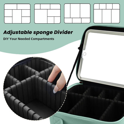 Travel Makeup Bag with LED Mirror and Light Makeup Travel Bag Organizer Portable Cosmetic Brush Organizer Bag with Adjustable Dividers for Cosmetics Makeup Brushes Toiletry (Light Green)
