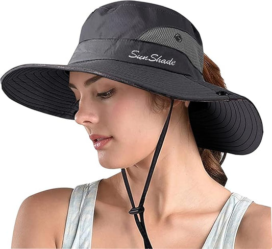 ZOORON Women's Ponytail Safari Sun Hat,Wide Brim UV Protection Outdoor Bucket Hat,Foldable Beach Summer Fishing Hat