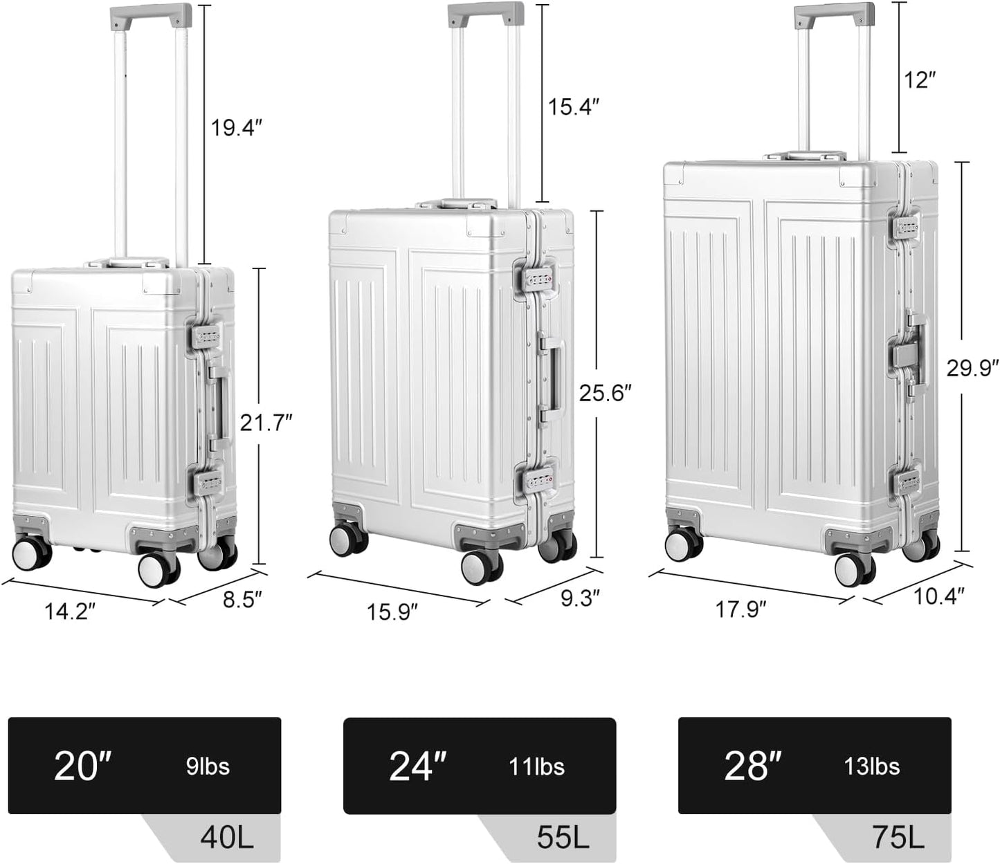 All Aluminum Magnesium Carry On Luggage，Cut from Whole Aluminum Sheet，22x14x9 Airline Approved ，（3rd Generation，Premium Magnesium Metal zipperless suitcase ） (silvery, 24inch)
