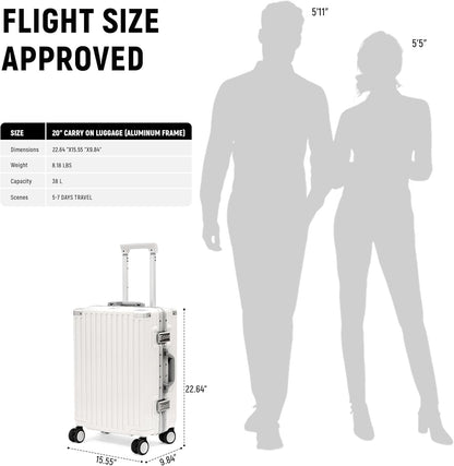 UrbanExplorer 20 Inch Carry On Luggage Aluminum Frame Airline Approved, Zipperless Luggage Carry On TSA Approved ABS+PC Hard Shell Suitcases, Lightweight Carry-On Suitcase with Cup Holder, White