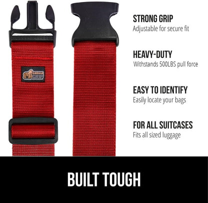 GORILLA GRIP Heavy Duty 8 Pack Adjustable Luggage Straps for Suitcases, Easy to Identify Travel Belt Connector Holds Suitcase Together, Extends Life of Bag, Strap Connects Two Bags, Accessories Red