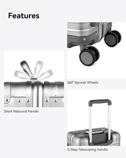 LUGGEX All Aluminum Carry On Luggage with Wheels - Zipperless Hardshell Suitcase with TSA Lock (Silver, 20 Inch)