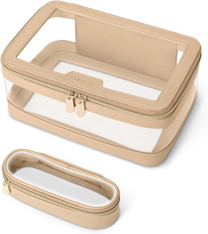 Travel Clear Makeup Bag with Makeup Brush Bag, Leather Makeup Case Toiletry Bag, Portable Cosmetic Bag Case, Transparent Waterproof Cosmetic Organizer Storage Bag for Women, Khaki