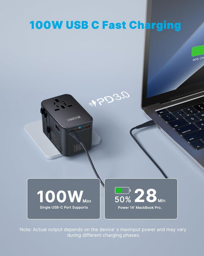Universal Travel Adapter, VINTAR 100W GaN International Power Adapter with 3 USB C PD and 1 USB A QC, All in One Plug Adapter, Travel Adapter Worldwide for EU/UK/USA/AUS(Type C/G/A/I)