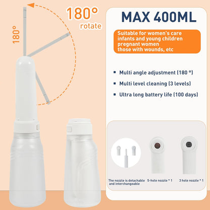 Portable Bidet, Electric Rechargeable Women's Perineal Bottle, 400ml Water Tank, 3 Pressure Modes, with 2 Replaceable Nozzles, Suitable for Men, Women, Babies and Postpartum Cleaning (White)