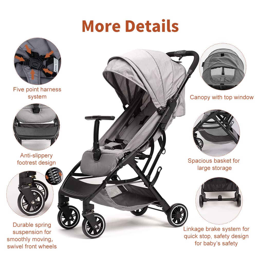 COOL KIDS Portable Stroller with Automatic Fold，Lightweight Umbrella Stroller with Pop Out Sun Canopy for Travel(Gray)