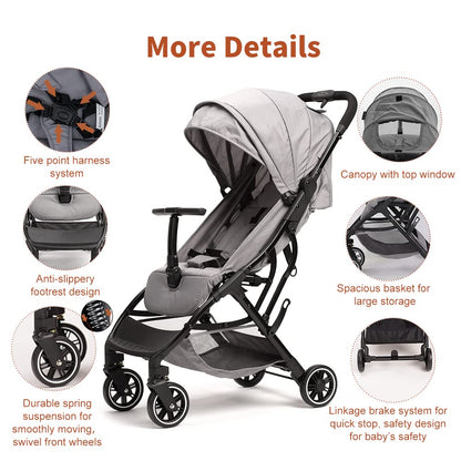 COOL KIDS Portable Stroller with Automatic Fold，Lightweight Umbrella Stroller with Pop Out Sun Canopy for Travel(Gray)