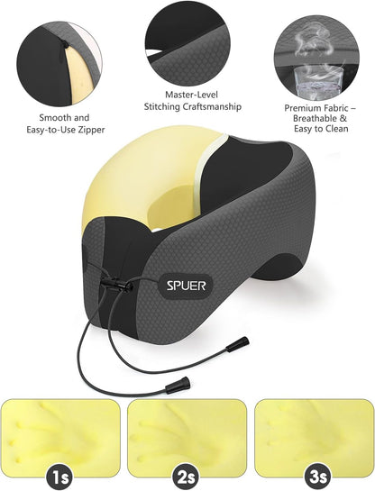 Travel Pillows for Airplanes, Neck Pillow Airplane, Airplane Travel Accessories with Eye Mask, Earplugs & Storage Bag, Ergonomic Memory Foam Neck Pillow for Sleeping, Flights, Cars (Dark Gray & Black)