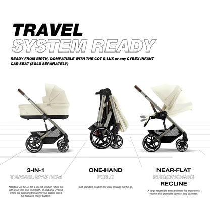Cybex Balios S Lux Toddler and Baby Stroller with Reversible Seat, Unique One-Pull Harness, and Multiple Recline - Travel System Ready, with One Hand Fold, Taupe Frame/Seashell Beige Seat