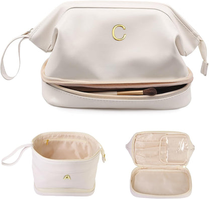 Women Gifts, Initial Makeup Bag, Personalized Double Layer Cosmetic Bag with Makeup Brush Organizer, Waterproof, Large Capacity PU Leather Travel Toiletry Bag, Gift for Wife