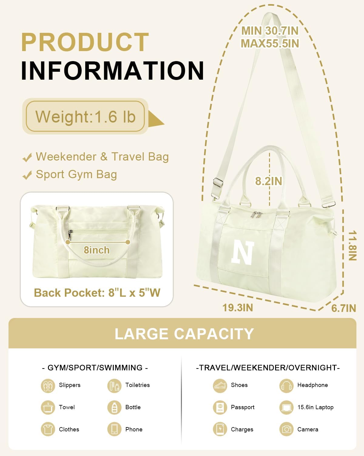 Initial Travel Duffel Bag Sports Gym Bag for Kids Teen Birthday Gifts,Beige Personalized Weekender Bag Carry On Dance Bags for Women Men,Waterproof Monogram Overnight Bag with Trolley Sleeve(Letter N)