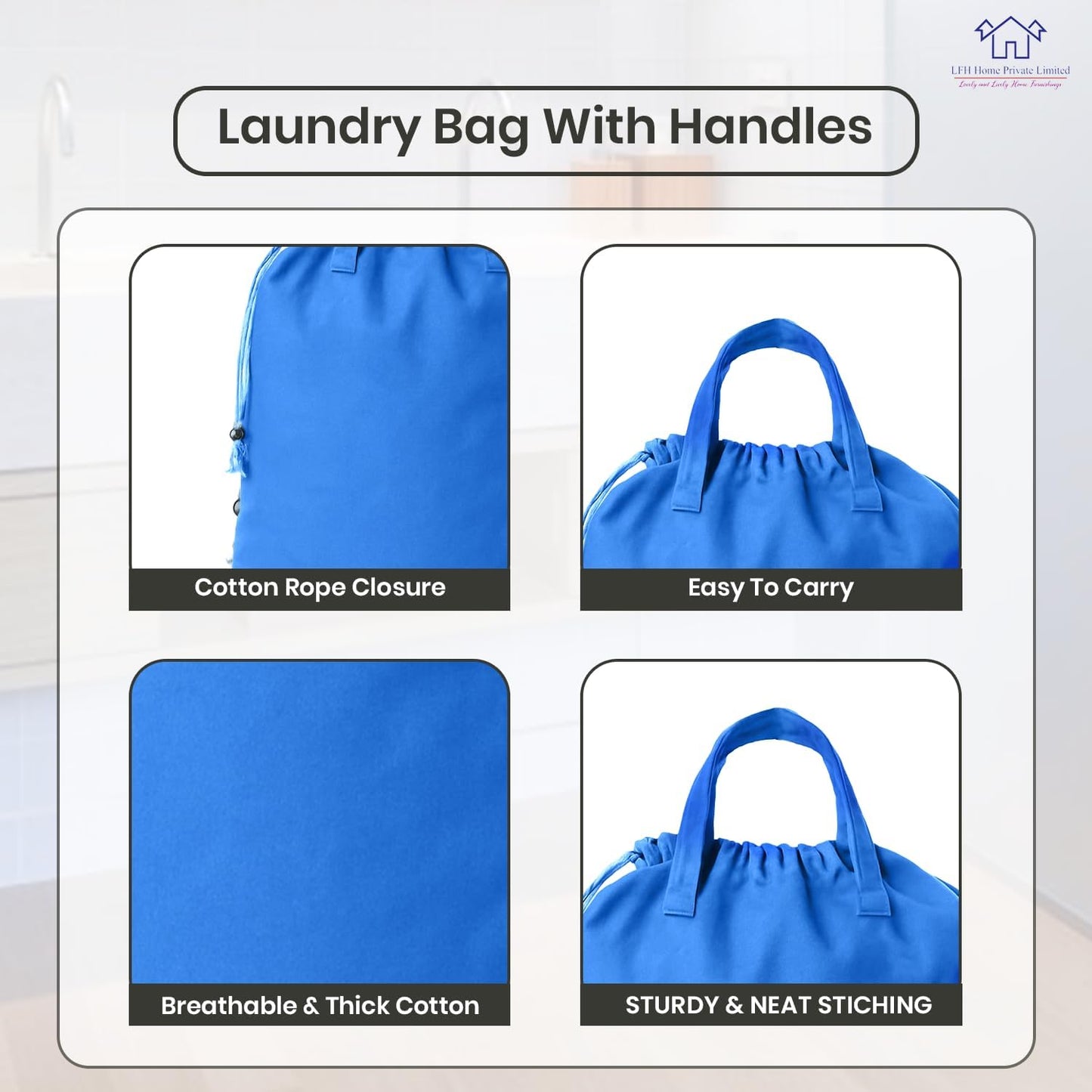 LFH Home Cotton Canvas Large Laundry Bag with Handle, Heavy Duty Drawstring Closure Washable Laundry Bags, School Travel, Home, Hotel, College Dorm, Organizer Sack, Toys Clothes 24x36-Sky Blue