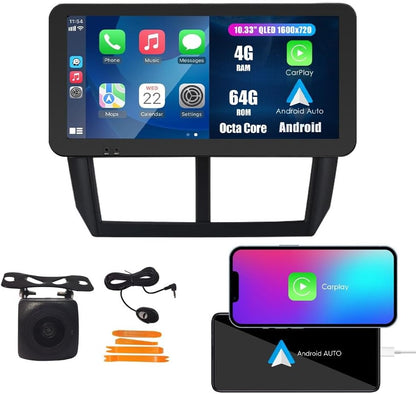 Kunfine CarPlay Android Auto Navigation Stereo GPS Radio Reverse Camera Display 10.33" QLED Touchscreen Headunit Tablet Pad Media Player for Subaru Forester 2007-2013, if Applicable Octa Core 4G+64G