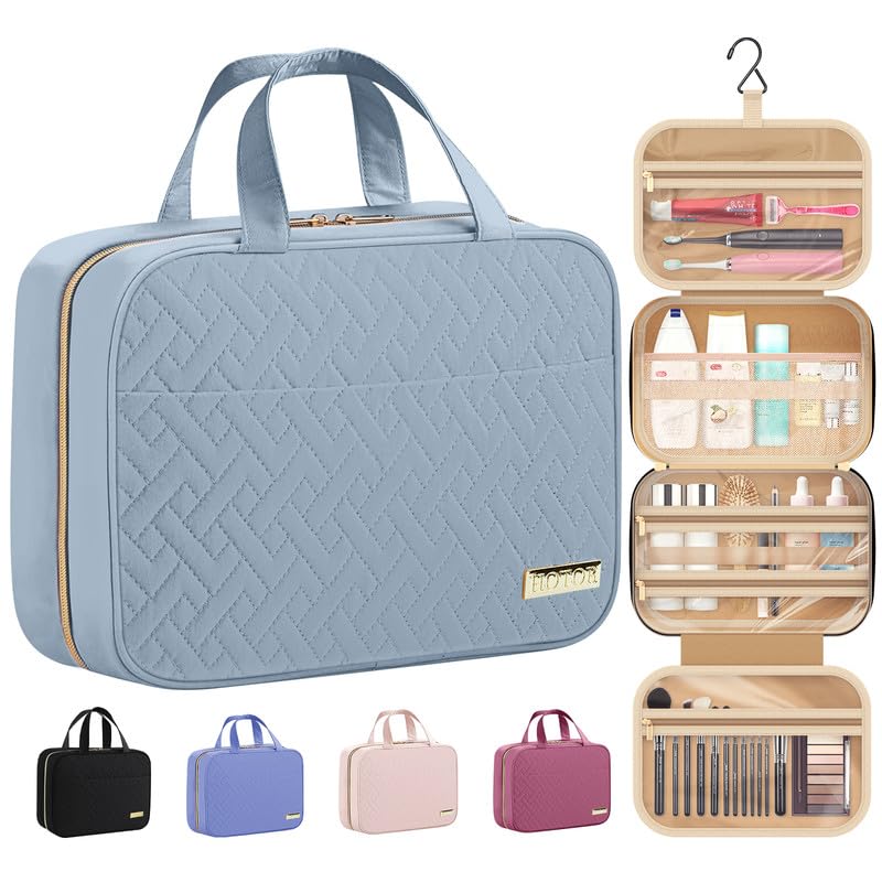 HOTOR Travel Toiletry Bag w/Hanging Hook - Spacious Toiletry Bag Essentials for Women & Men, Makeup Bag/Big Comparment, Waterproof for Travel Accessories, Medium, Light Blue