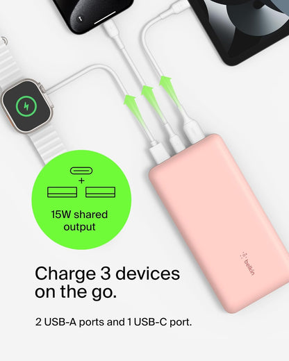 Belkin Portable Charger, USB C Power Bank 20000 mAh w/ 1xUSB-C Port & 2xUSB-A Ports, 15W w/ Type-A to Type-C Cable for iPhone 16, Plus, Pro, Max, Samsung Galaxy S25, Google Pixel 10, etc. - Rose Gold