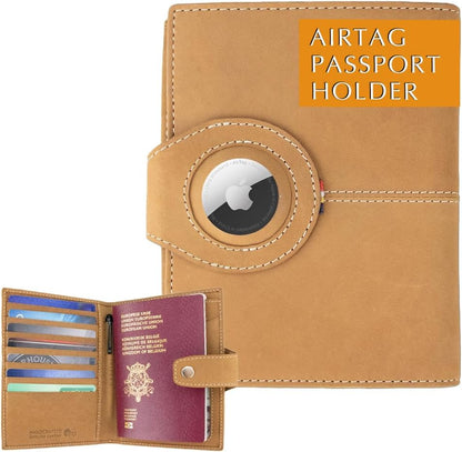 GARZINI Passport Holder with AirTag, Passport Wallet with RFID, Travel Accessories, Travel Document Holder with ID Window, Leather Passport Holder for 7 Cards, Camel Brown