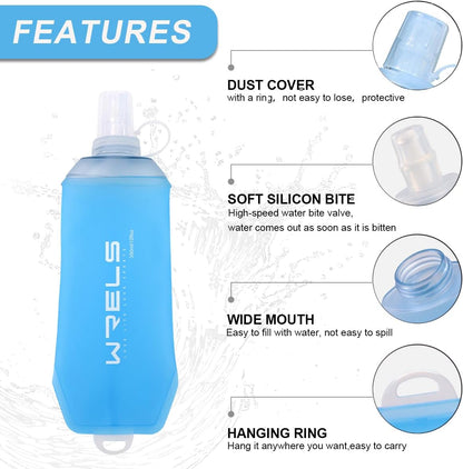 200ml/350ml/500ml Collapsible Soft Flask,BPA Free Folding Soft Water Bottle with Hanging Ring,Lightweight TPU Hydration Flask for Running Marathon Cycling Hiking(500ml-2 Packs)